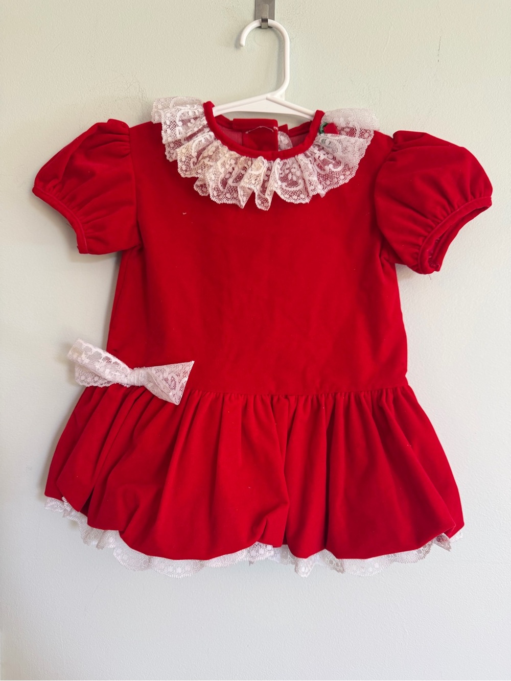Vintage Hugs & Kisses Red Velvet Like Lace-Trim Girls' Holiday Tunic Dress